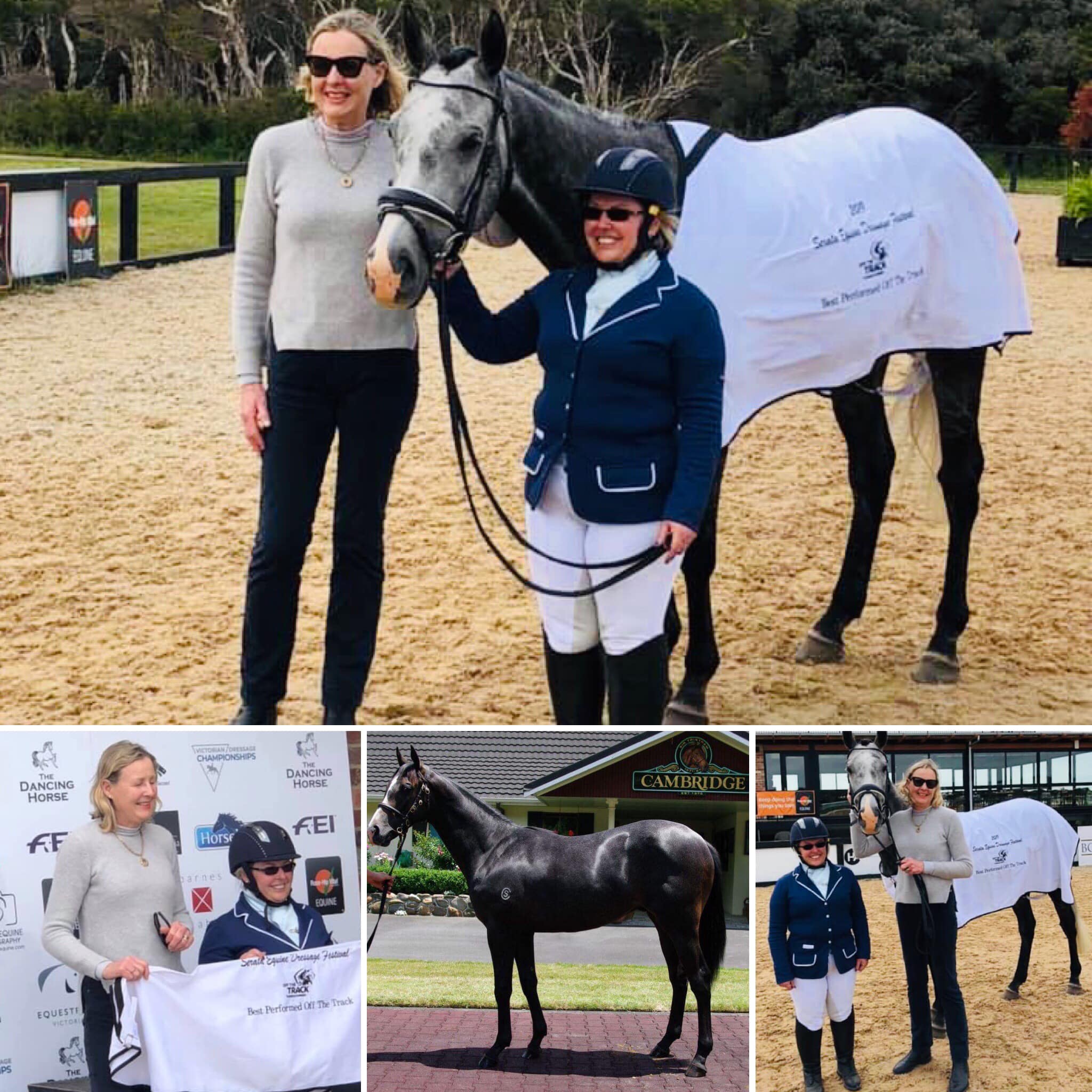 Photos:Director Kate Joel from Racing Victoria presents the Off The Track trophy rug to Reynvan Colnago (Racing Name: Noneofus) and Deb Van Iersel.
